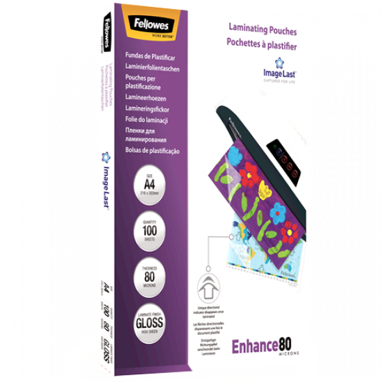 Fellowes | Laminating Pouch PREMIUM | A4 | Clear | Enhance 80 Micron thickness, 216x303 mm - A4, 100 pcs; Unique directional arrow quality mark disappears when laminated.