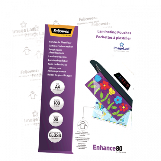 Fellowes | Laminating Pouch PREMIUM | A4 | Clear | Enhance 80 Micron thickness, 216x303 mm - A4, 100 pcs; Unique directional arrow quality mark disappears when laminated.