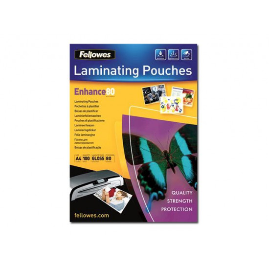 Fellowes | Laminating Pouch PREMIUM | A4 | Clear | Enhance 80 Micron thickness, 216x303 mm - A4, 100 pcs; Unique directional arrow quality mark disappears when laminated.