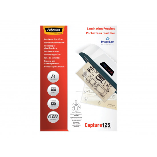 Fellowes | Laminating Pouch PREMIUM | A4 | Glossy | Thickness: 125 micron, Qty Per Pack: 100 pcs; Ideal for notices, craft materials, signage and frequently handled documents; Compatible with all laminator brands