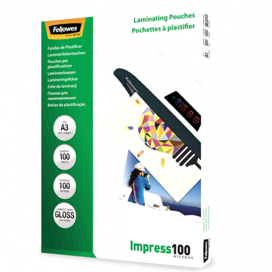 Fellowes | Laminating Pouch | A3 | Glossy | Thickness: 100 micron, Qty Per Pack: 100 pcs; Ideal for notices, craft materials, signage and frequently handled documents; Compatible with all laminator brands