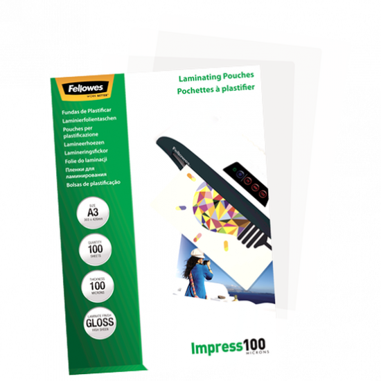 Fellowes | Laminating Pouch | A3 | Glossy | Thickness: 100 micron, Qty Per Pack: 100 pcs; Ideal for notices, craft materials, signage and frequently handled documents; Compatible with all laminator brands