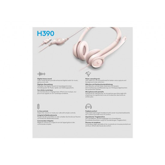 LOGITECH H390 Headset on-ear wired USB-A rose