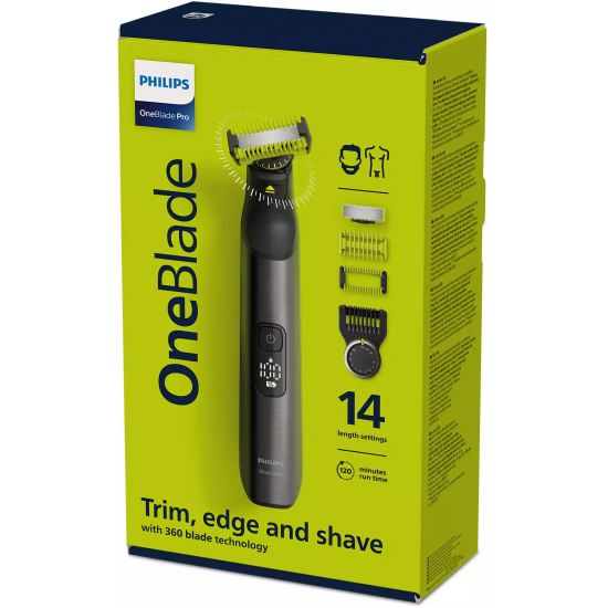 Philips | Hair, Face and Body Trimmer | QP6551/15 OneBlade Pro | Cordless | Wet & Dry | Number of length steps 14 | Black/Green