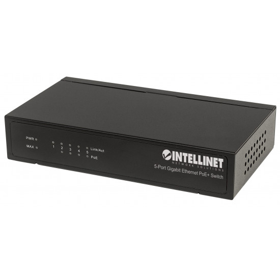 Intellinet 5-Port Gigabit Ethernet PoE+ Switch, 4 x PSE Ports, IEEE 802.3at/af Power over Ethernet (PoE+/PoE) Compliant, 60 W, Desktop (Euro 2-pin plug)