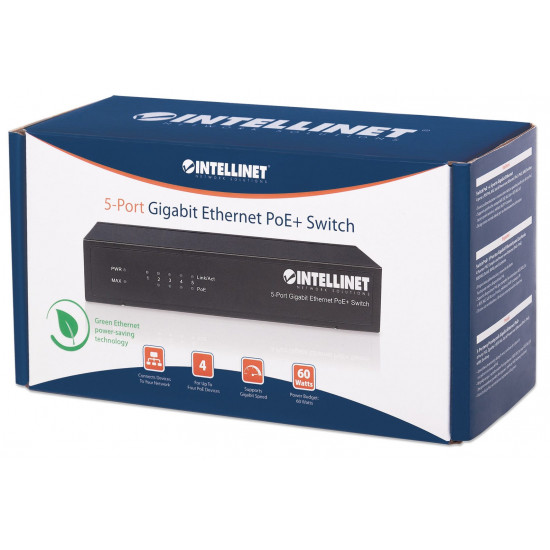 Intellinet 5-Port Gigabit Ethernet PoE+ Switch, 4 x PSE Ports, IEEE 802.3at/af Power over Ethernet (PoE+/PoE) Compliant, 60 W, Desktop (Euro 2-pin plug)