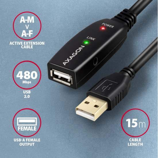 Axagon ADR-215 USB 2.0 A-M -> A-F active extension/repeater cable 15m - Kabel - Digital/Daten USB cable USB A Black