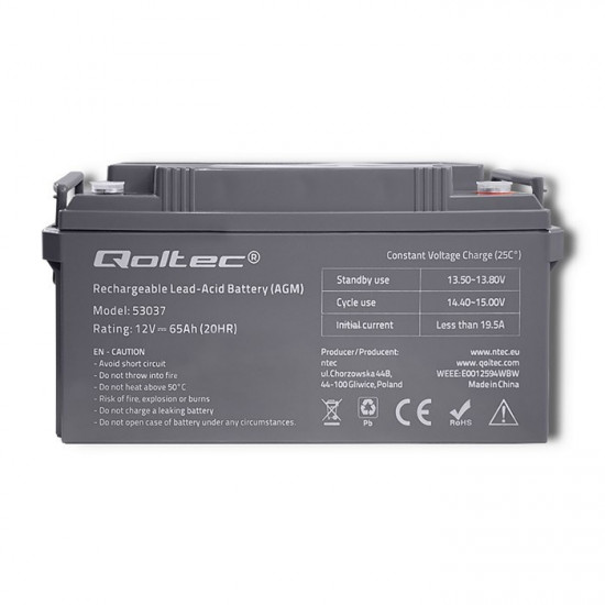 Qoltec 53037 AGM battery | 12V | 65Ah | max 780A