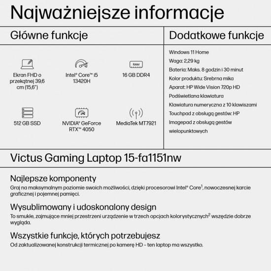 HP Victus 15-fa1151nw i5-13420H 15,6FHD AG IPS 144Hz 16GB SSD512 RTX 4050_6GB BLKB 70Wh Win11 2Y Mica Silver