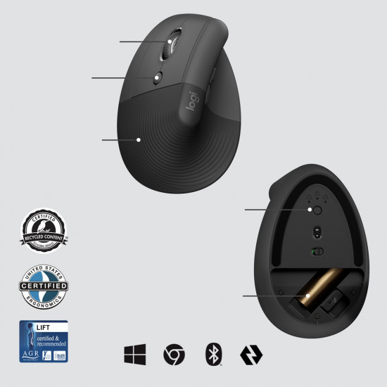 Logitech Lift Vertical Ergonomic Mouse for Business, Left