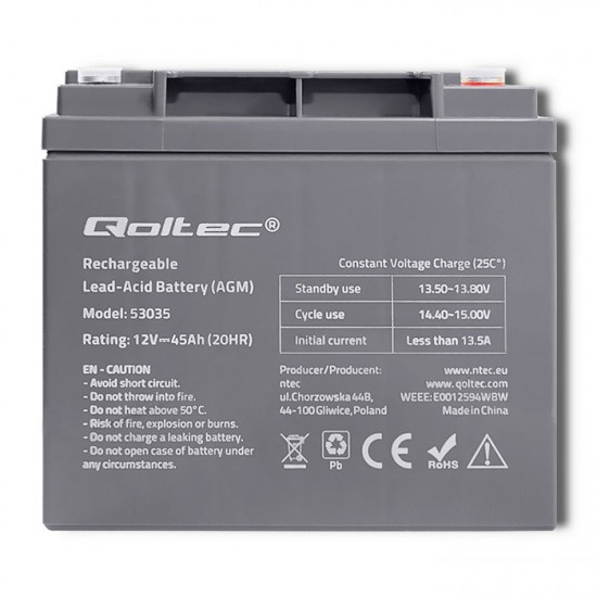 Qoltec 53035 AGM battery | 12V | 45Ah | max 540A