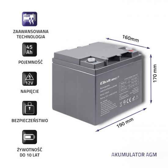 Qoltec 53035 AGM battery | 12V | 45Ah | max 540A