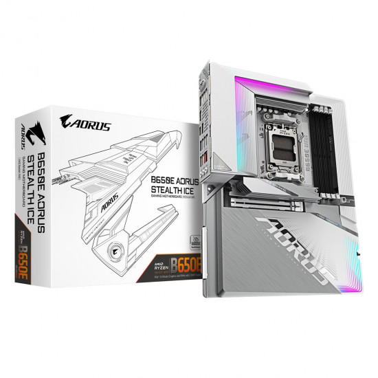 GIGABYTE B650E AORUS STEALTH ICE Motherboard - AMD Ryzen 9000 Series CPUs, 12+2+2 Phases VRM, up to 8000MHz DDR5 (OC), 1xPCIe 5.0 + 2xPCIe 4.0 M.2, 2.5GbE LAN, WIFI 7, USB 3.2 Gen 2x2