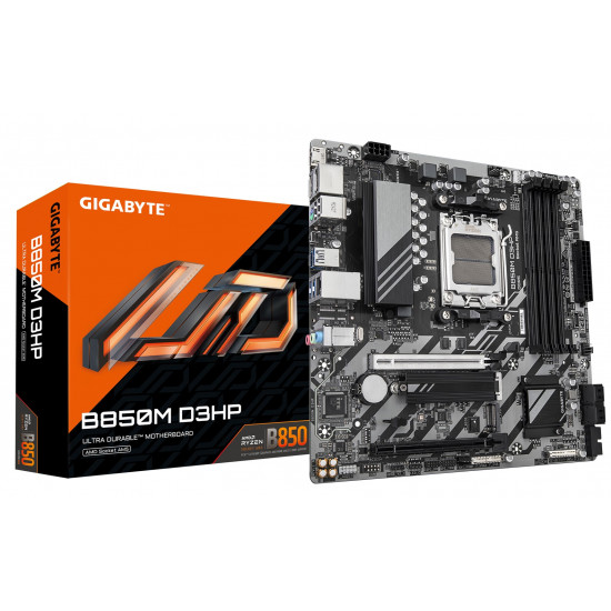 GIGABYTE B850M D3HP Motherboard - AMD Ryzen 9000 Series CPUs, 5+2+2 Phases Digital VRM, up to 8200MHz DDR5 (OC), 1xPCIe 5.0 + 1xPCIe 4.0 M.2, GbE LAN, USB 3.2 Gen 2