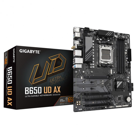 GIGABYTE B650 UD AX Motherboard - AMD Ryzen 9000 Series CPUs, 6+2+2 Phases VRM, up to 7600MHz DDR5 (OC), 1xPCIe 5.0 + 2xPCIe 4.0 M.2, GbE LAN, WIFI 6, USB 3.2 Gen 2