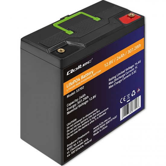 Qoltec 53702 LiFePO4 lithium iron phosphate battery | 12.8V | 24Ah | 307.2Wh | BMS