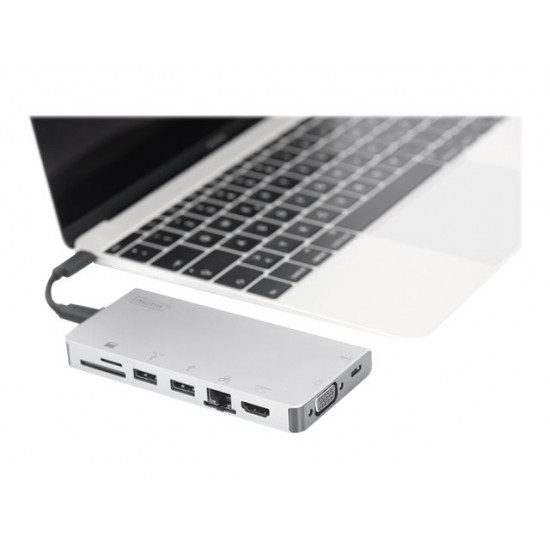 DIGITUS USB Multiport Travel Dock 8 Port 4K HDMI VGA 2x USB-C 2x USB3.0 RJ45 MicroSD SD/MMC silver