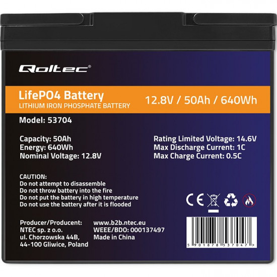 Qoltec 53704 LiFePO4 lithium iron phosphate battery | 12.8V | 50Ah | 640Wh | BMS