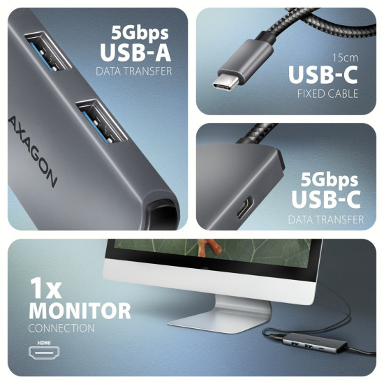 Axagon HMC-5H8K USB 5Gbps hub 2x USB-A USB-C HDMI 8k/30Hz PD 100W kabel USB-C Wired USB 3.2 Gen 1 (3.1 Gen 1) Type-C Grey