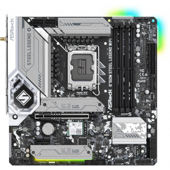 ASRock | B760M Steel Legend WiFi | Processor family Intel | Processor socket LGA1700 | DDR5 DIMM | Memory slots 4 | Supported hard disk drive interfaces SATA3, 3 Hyper M.2 | Number of SATA connectors 4 | Chipset B760 | Micro ATX