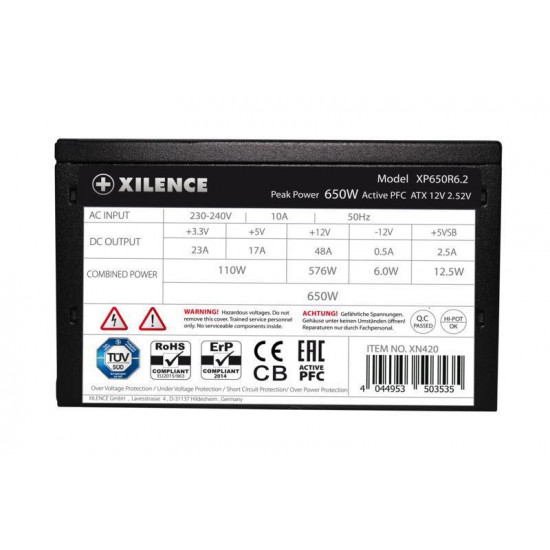 Power Supply|XILENCE|Performance C+ | XP650R6.2|650 Watts|Efficiency 80 PLUS|PFC Active|XN421BULK