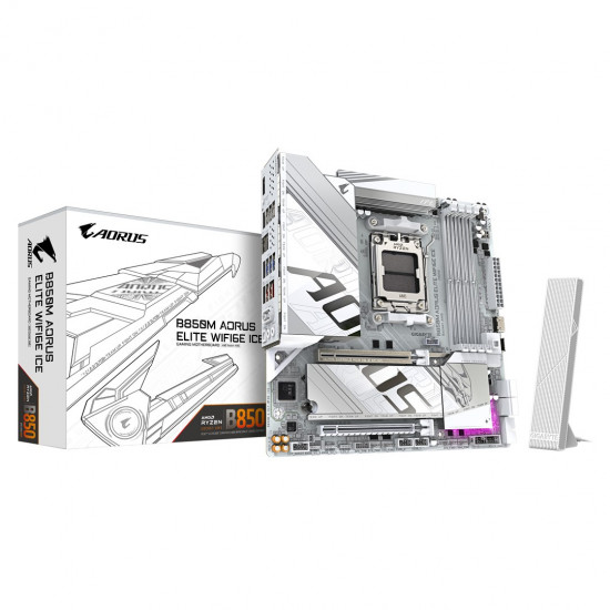 GIGABYTE B850M AORUS ELITE WIFI6E ICE Motherboard- AMD Ryzen 9000 Series CPUs, 12+2+1 Phases Digital VRM, up to 8200MHz DDR5 (OC), 1xPCIe 5.0 + 1xPCIe 4.0 M.2, 2.5LAN, WIFI 7, USB 3.2 Gen 2