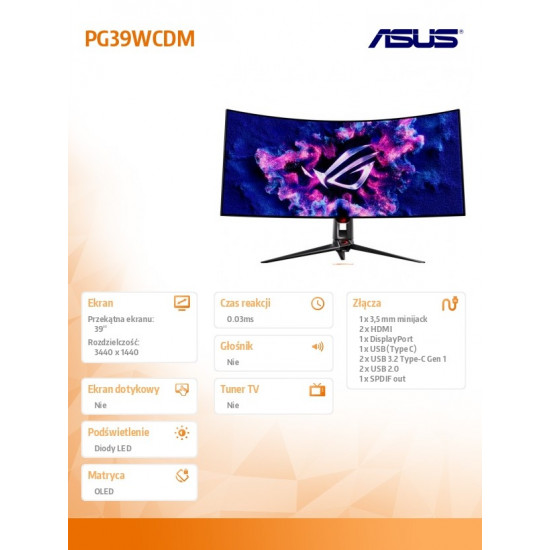 Monitor 39 inch PG39WCDM OLED QOLED 0.03 240Hz DP HDMI USBx4 USB-C 90w KVM