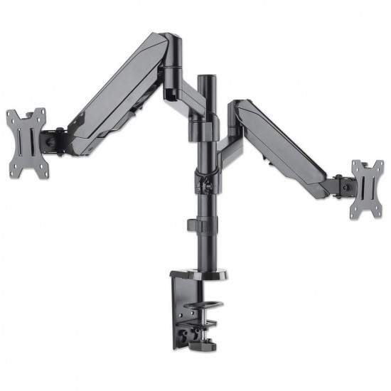 Manhattan TV & Monitor Mount, Desk, Full Motion (Gas Spring), 2 screens, Screen Sizes: 10-27, Black, Clamp or Grommet Assembly, Dual Screen, VESA 75x75 to 100x100mm, Max 8kg (each), Lifetime Warranty