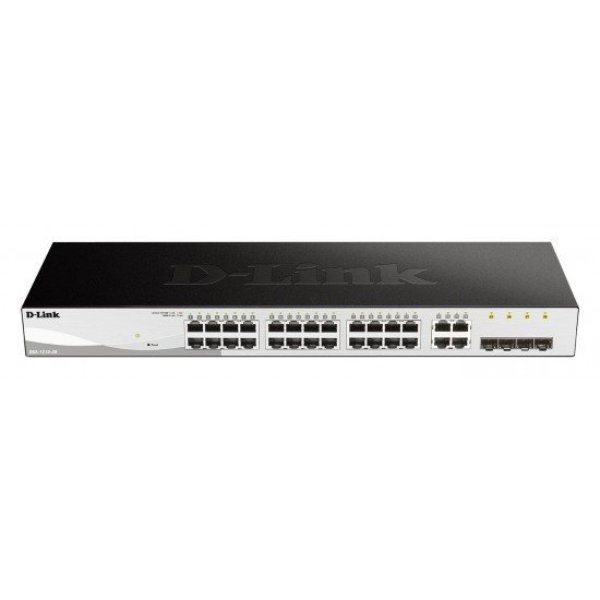 D-LINK DGS-1210-28, Gigabit Smart Switch with 24 10/100/1000Base-T ports and 4 Gigabit MiniGBIC (SFP) ports, 802.3x Flow Control, 802.3ad Link Aggregation, 802.1Q VLAN, 802.1p Priority Queues, Port mirroring, Jumbo Frame support, 802.1D STP, ACL, LLDP, Ca