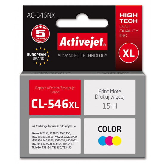 Activejet AC-546NX Printer Ink for Canon, Replacement Canon CL-546XL; Supreme; 15 ml; colour, cyan, magenta, yellow