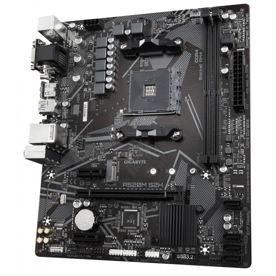 GIGABYTE A520M S2H Motherboard - Supports AMD Ryzen 5000 Series AM4 CPUs, 4+3 Phases Pure Digital VRM, up to 5100MHz DDR4 (OC), PCIe 3.0 x4 M.2, GbE LAN, USB 3.2 Gen 1