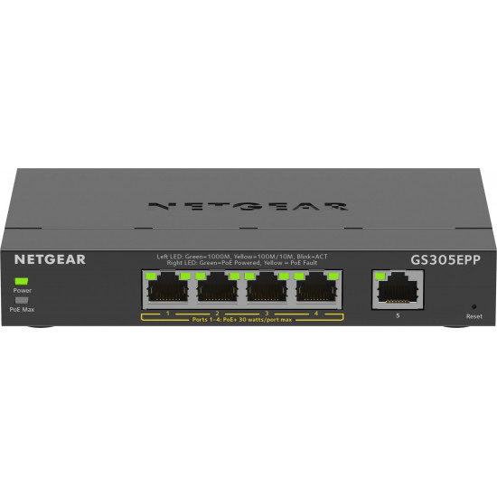 NETGEAR 5-Port Gigabit Ethernet High-Power PoE+ Plus Switch (GS305EPP) Managed L2/L3 Gigabit Ethernet (10/100/1000) Power over Ethernet (PoE) Black