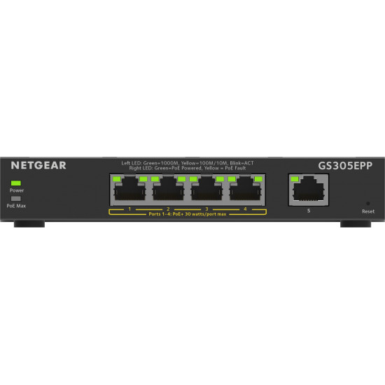 NETGEAR 5-Port Gigabit Ethernet High-Power PoE+ Plus Switch (GS305EPP) Managed L2/L3 Gigabit Ethernet (10/100/1000) Power over Ethernet (PoE) Black