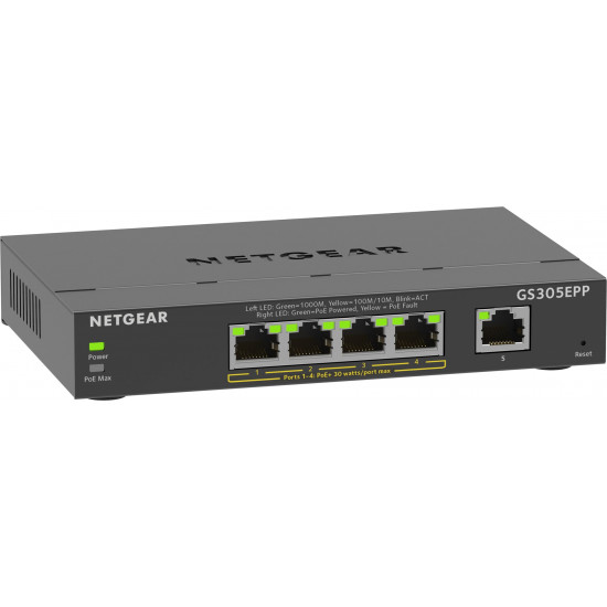 NETGEAR 5-Port Gigabit Ethernet High-Power PoE+ Plus Switch (GS305EPP) Managed L2/L3 Gigabit Ethernet (10/100/1000) Power over Ethernet (PoE) Black