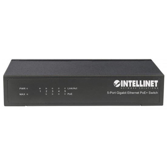 Intellinet 5-Port Gigabit Ethernet PoE+ Switch, 4 x PSE Ports, IEEE 802.3at/af Power over Ethernet (PoE+/PoE) Compliant, 60 W, Desktop (Euro 2-pin plug)