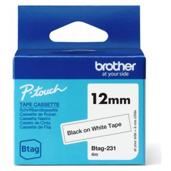 BROTHER BTAG231 12MM BLACK ON WHITE TAPE