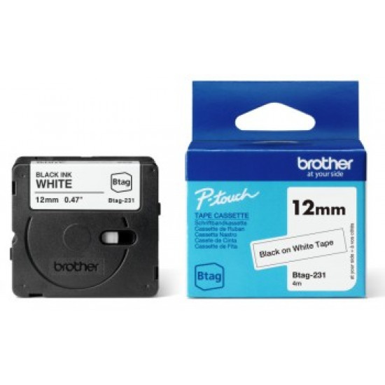 BROTHER BTAG231 12MM BLACK ON WHITE TAPE