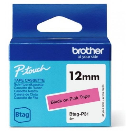 BROTHER BTAGP31 12MM BLACK ON PINK TAPE