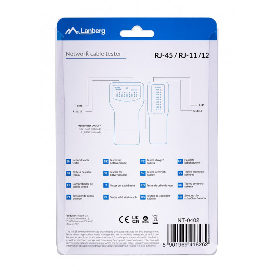 Lanberg NT-0402 network cable tester PoE tester Blue, White