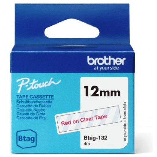 BROTHER BTAG132 12MM RED ON CLEAR TAPE