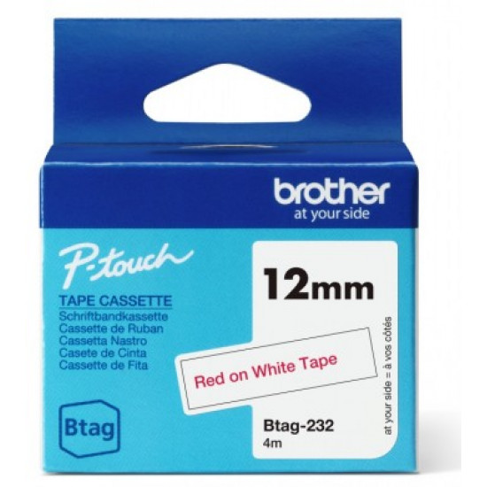 BROTHER BTAG232 12MM RED ON WHITE TAPE