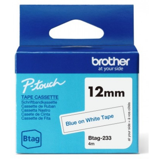 BROTHER BTAG233 12MM BLUE ON WHITE TAPE