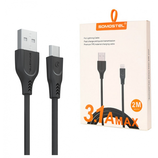 CABLE USB TYPE-C 3.1A SOMOSTEL SMS-BT02 3100mAh QUICK CHARGER QC 3.0 POWERLINE BLACK 2M