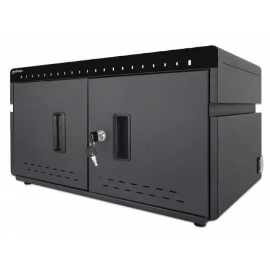 Manhattan iPad to 11 20-bay Charging Desktop Cabinet, Also other tablets and smartphones (with device to USB-C cable), Bays 264x22x235mm, Device charging cables not included (suggest USB-C cable code 356213), Cart, Lockable (2 keys), EU/UK power cords