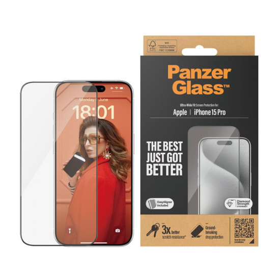 PanzerGlass ® Screen Protector iPhone 15 Pro | Ultra-Wide Fit w. EasyAligner