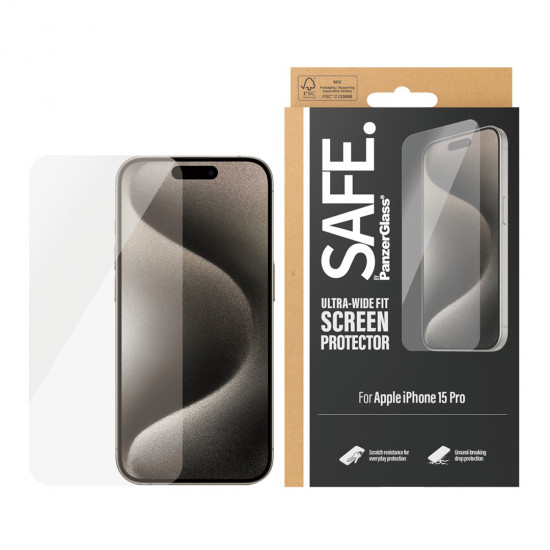 PanzerGlass SAFE. by ® Screen Protector iPhone 15 Pro | Ultra-Wide Fit