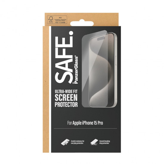 PanzerGlass SAFE. by ® Screen Protector iPhone 15 Pro | Ultra-Wide Fit