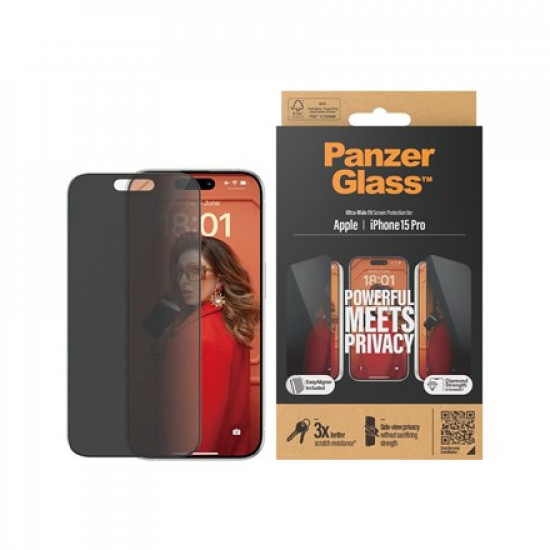 PanzerGlass ® Privacy Screen Protector iPhone 15 Pro | Ultra-Wide Fit w. EasyAligner