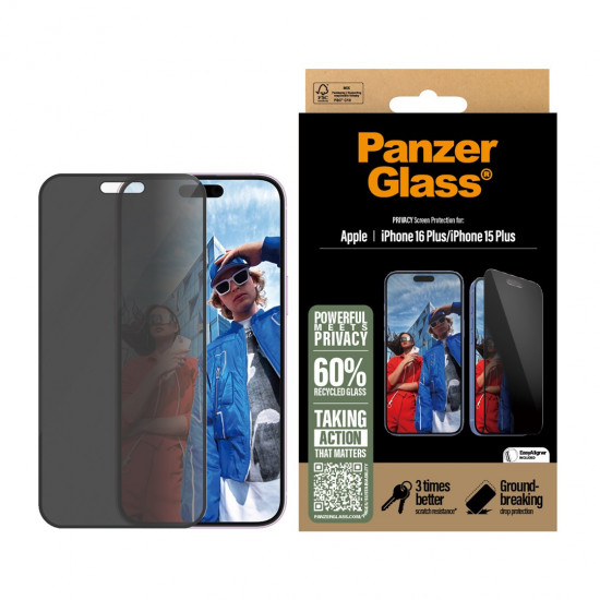 PanzerGlass ® Privacy Screen Protector iPhone 16 Plus | 15 Plus | Ultra-Wide Fit