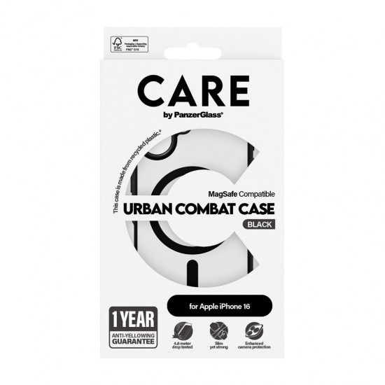 PanzerGlass CARE by ® Flagship Case Transparent Urban Combat w. Black Frame & MagSafe iPhone 16